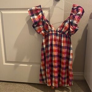 Colorful Plaid Dress with Ruffled Sleeves